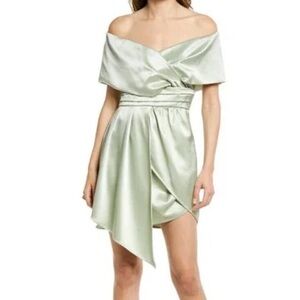 Lulus Always Celebrating Satin Off-the-Shoulder Mini Dress Sage Green Size S‎